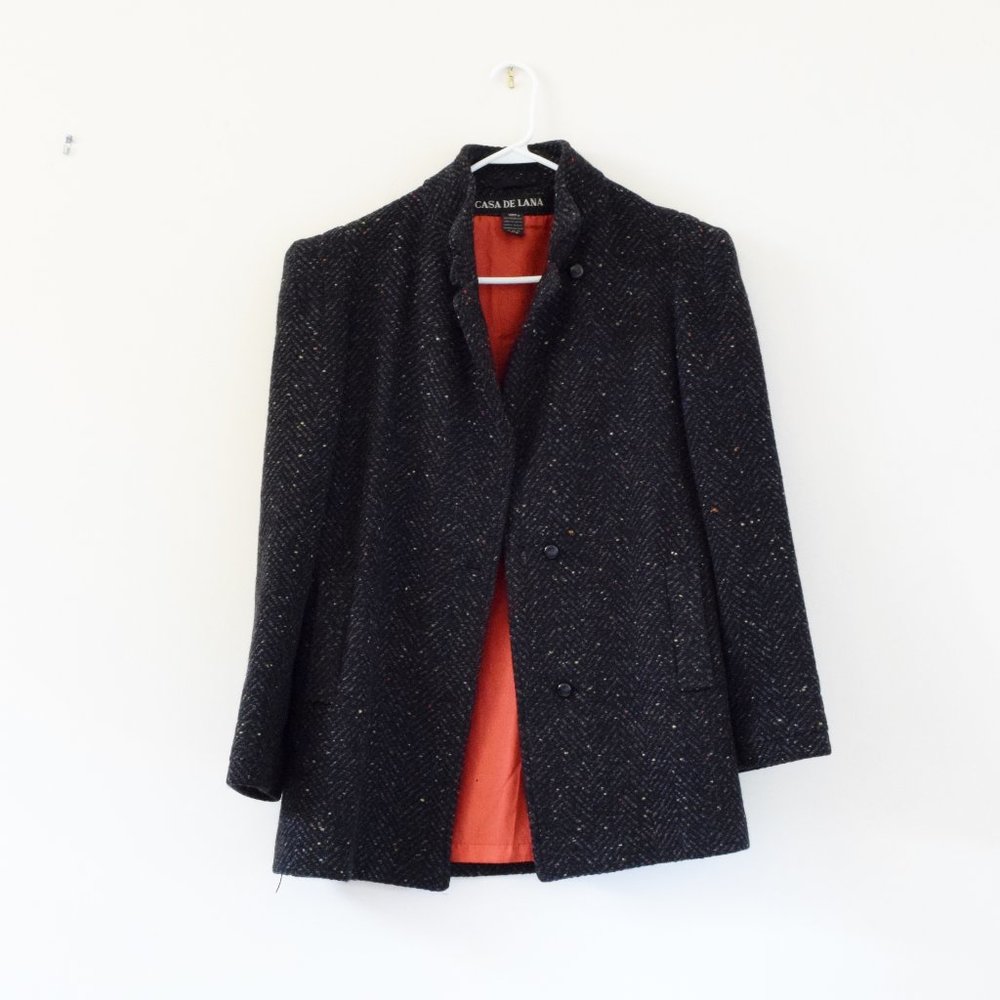 CASA DE LANA Vintage Black Wool Multicolor Chevron Boucle Coat | Size M